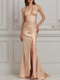 Champagne Halter Corset Ruched Slit Maxi Gown