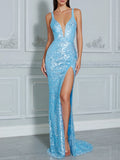 Sky Blue Sequin Plunging Slit Maxi Gown