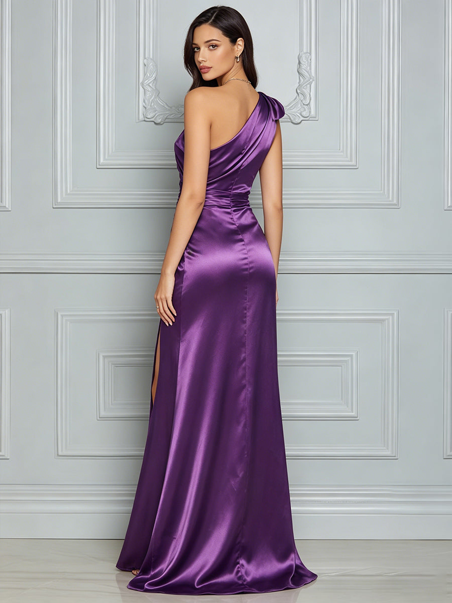 Purple One-Shoulder Ruched Slit Satin Maxi Gown