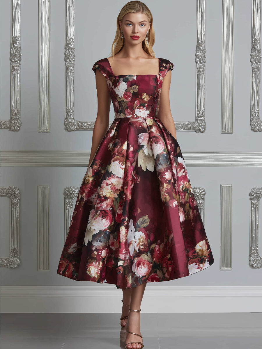Elegant Floral Print Cap Sleeve Midi Dress