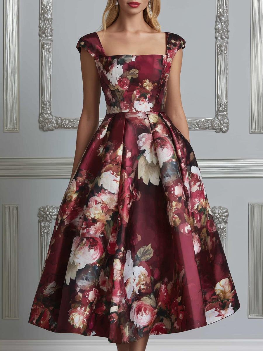 Elegant Floral Print Cap Sleeve Midi Dress