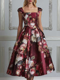 Elegant Floral Print Cap Sleeve Midi Dress