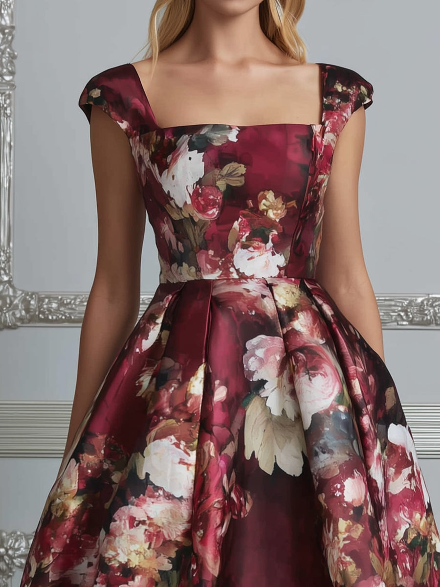 Elegant Floral Print Cap Sleeve Midi Dress