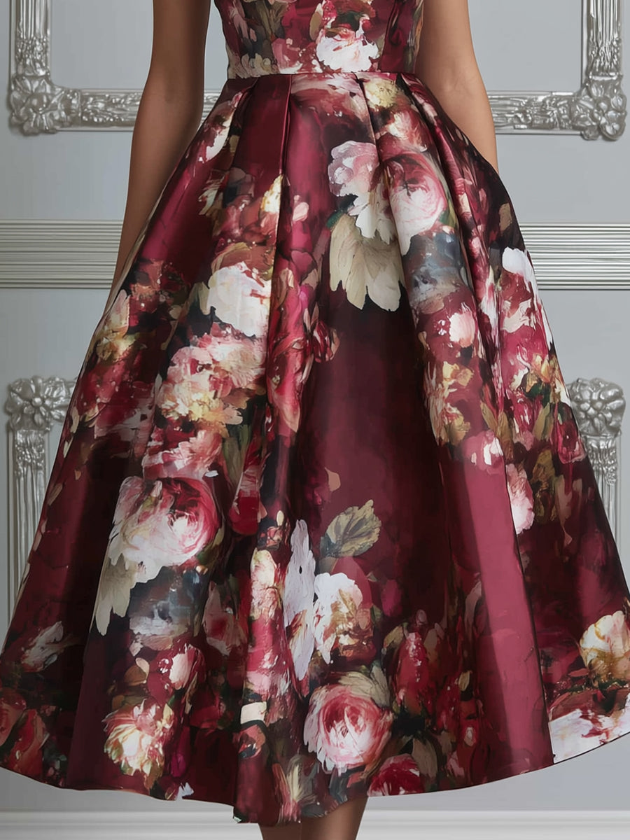 Elegant Floral Print Cap Sleeve Midi Dress
