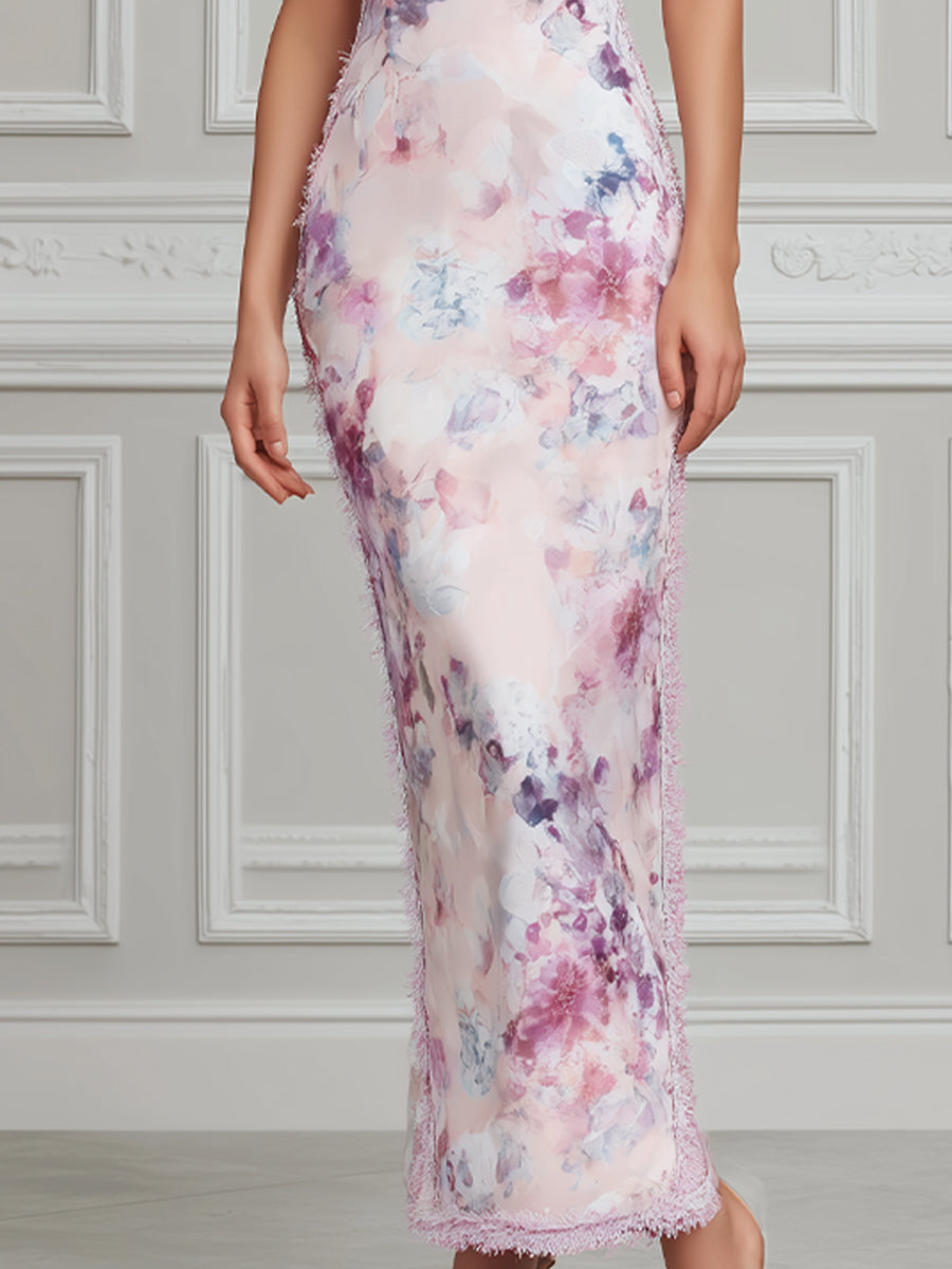 Elegant Floral Print Sheer Trim Sleeveless Midi Dress