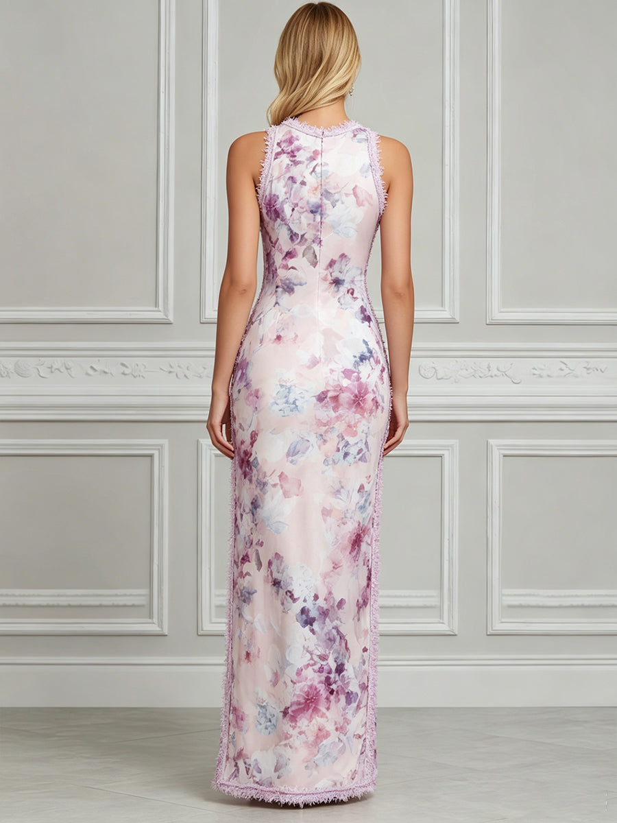 Elegant Floral Print Sheer Trim Sleeveless Midi Dress