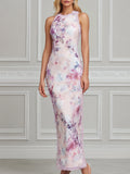 Elegant Floral Print Sheer Trim Sleeveless Midi Dress