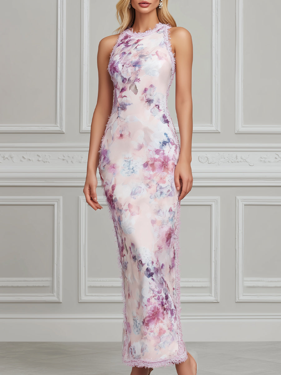 Elegant Floral Print Sheer Trim Sleeveless Midi Dress