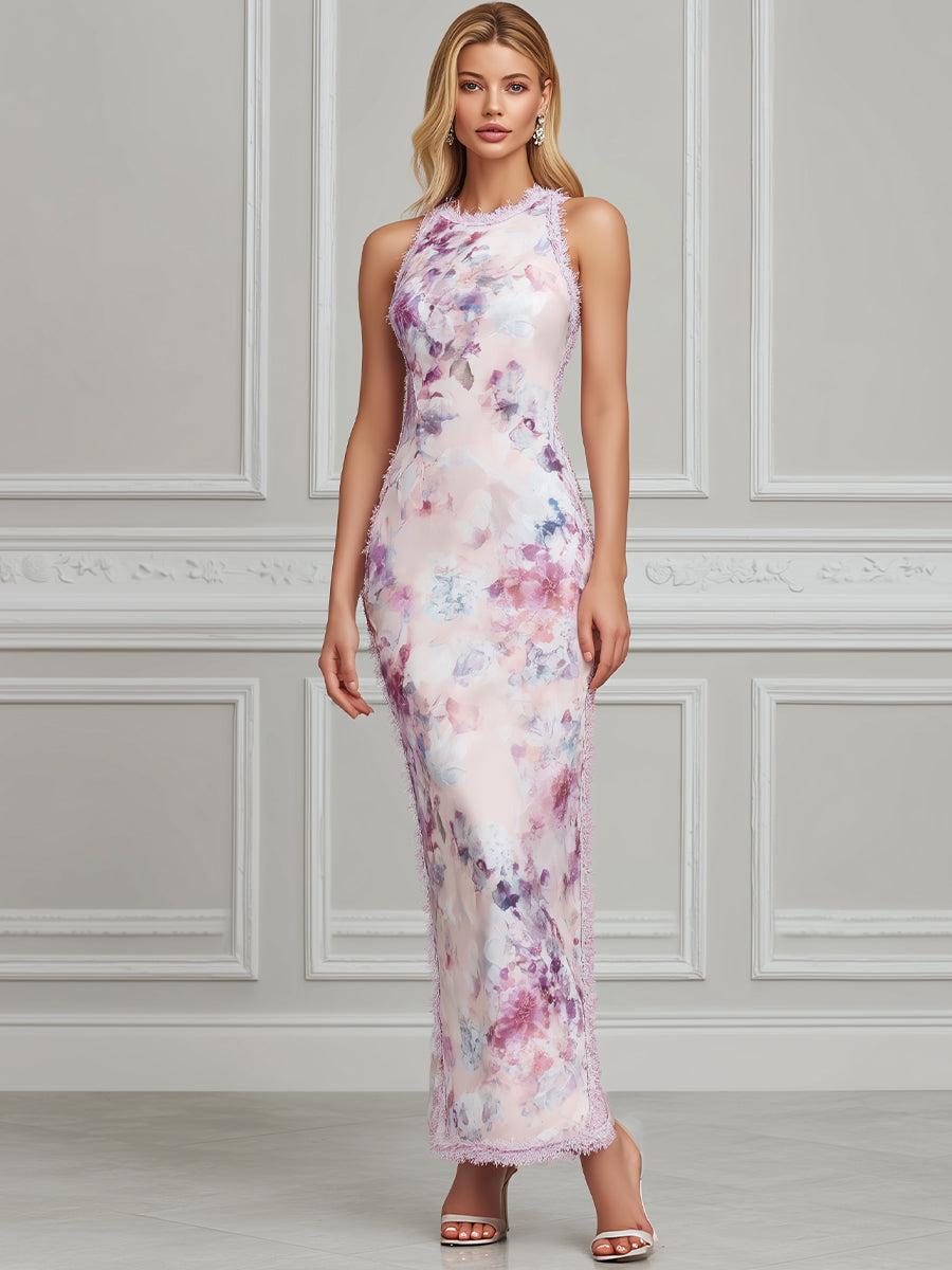 Elegant Floral Print Sheer Trim Sleeveless Midi Dress