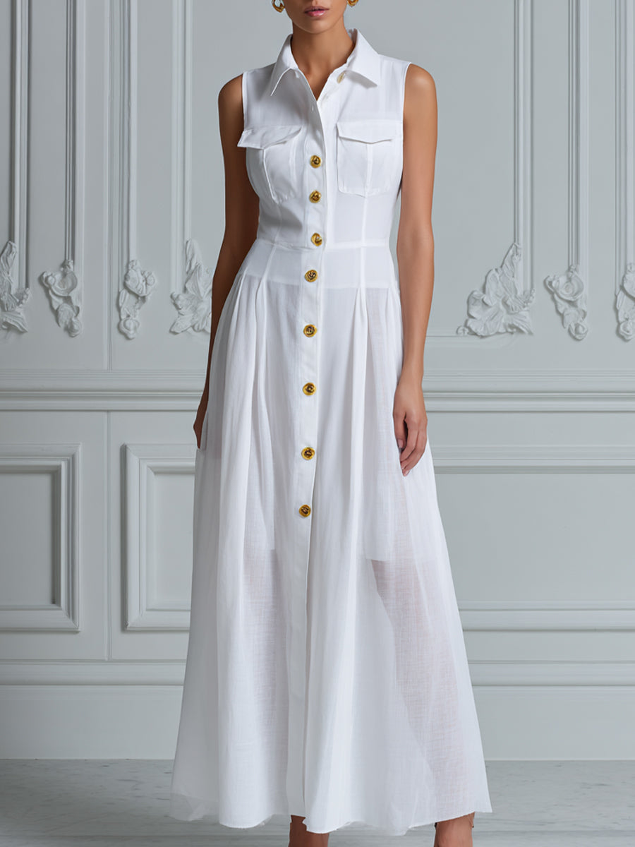 Elegant Sleeveless Button-Front Shirt Maxi Dress