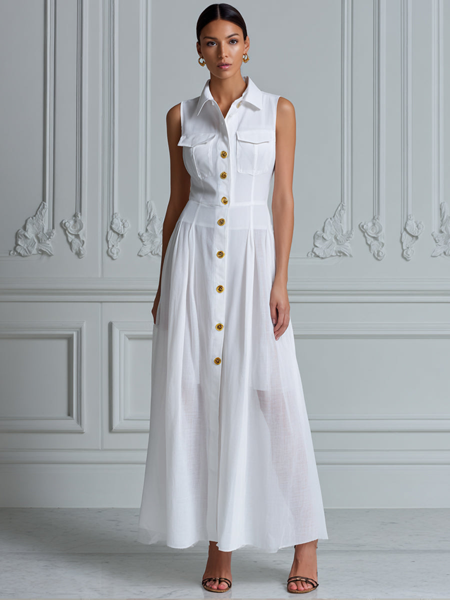 Elegant Sleeveless Button-Front Shirt Maxi Dress