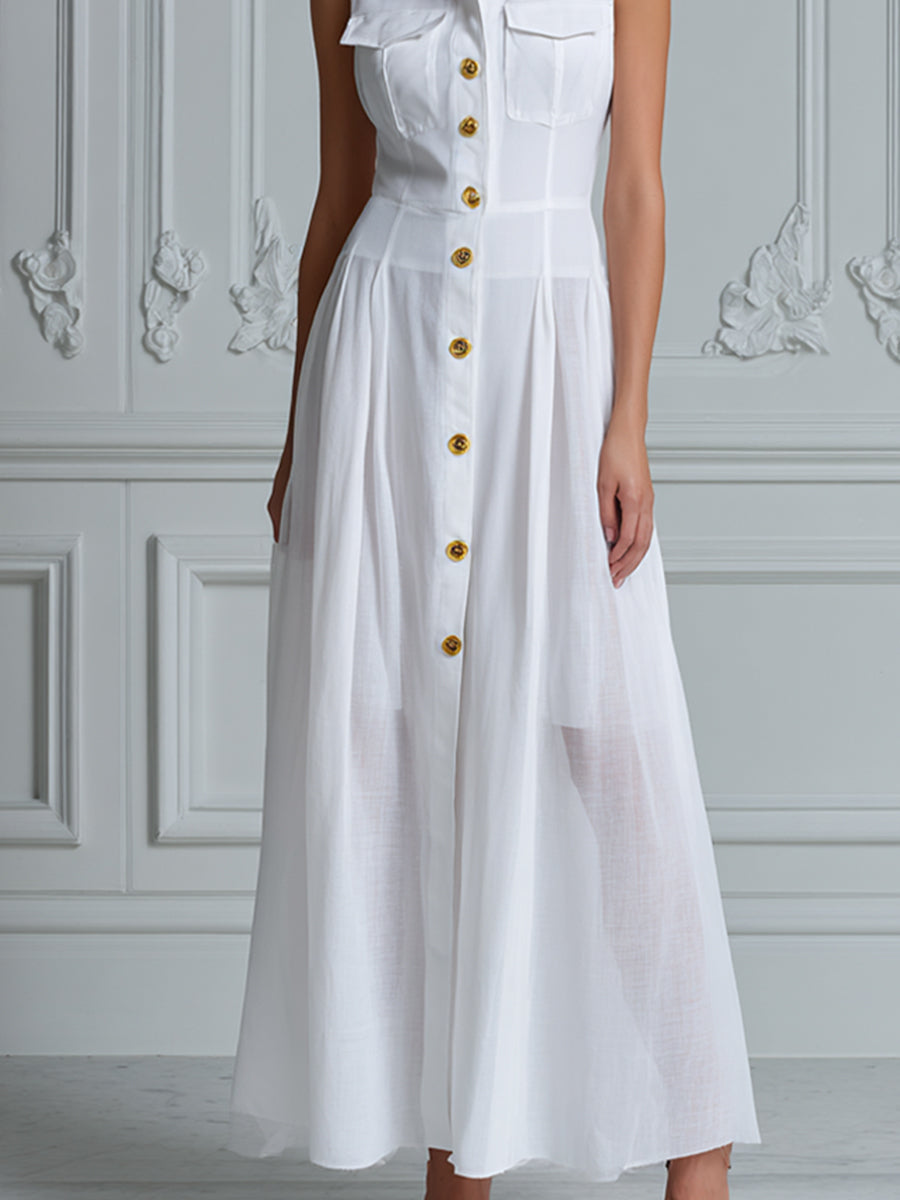 Elegant Sleeveless Button-Front Shirt Maxi Dress