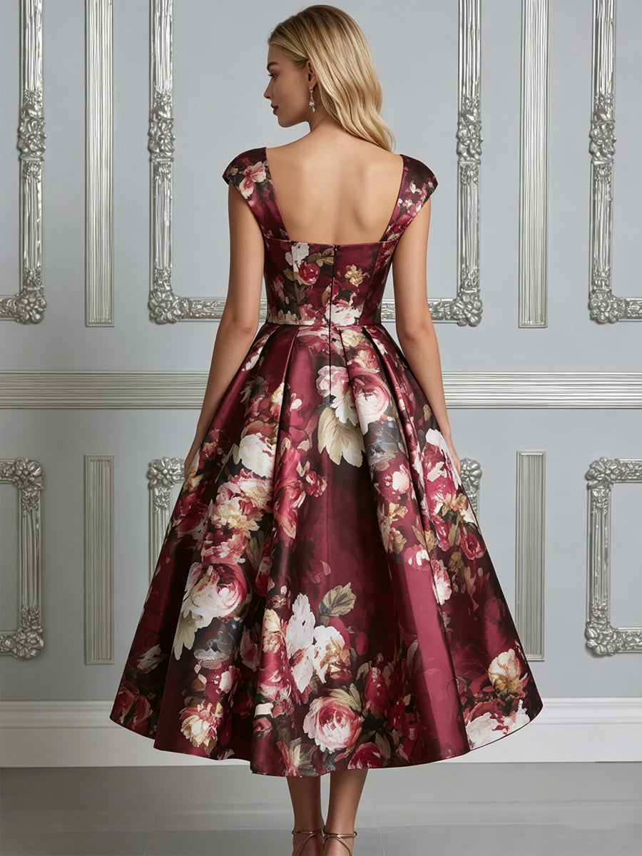 Elegant Floral Print Cap Sleeve Midi Dress