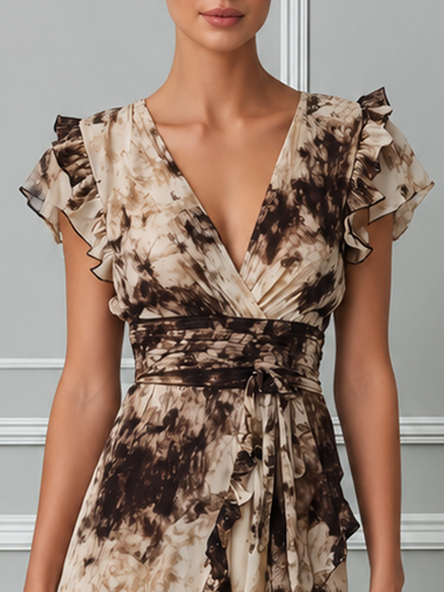 Beige Brown Tie-Dye Ruffled High-Low Maxi Dress
