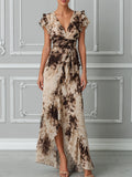 Beige Brown Tie-Dye Ruffled High-Low Maxi Dress
