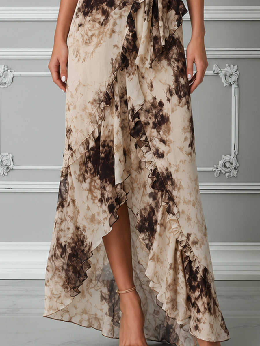 Beige Brown Tie-Dye Ruffled High-Low Maxi Dress