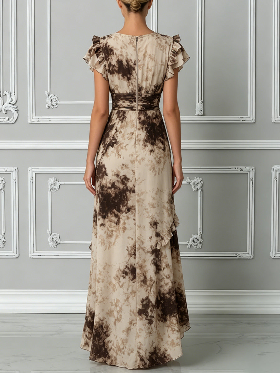 Beige Brown Tie-Dye Ruffled High-Low Maxi Dress