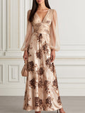 Beige Floral Satin & Tulle Long-Sleeve Evening Gown
