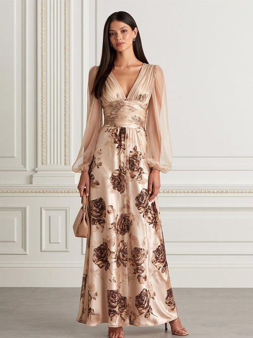 Beige Floral Satin & Tulle Long-Sleeve Evening Gown