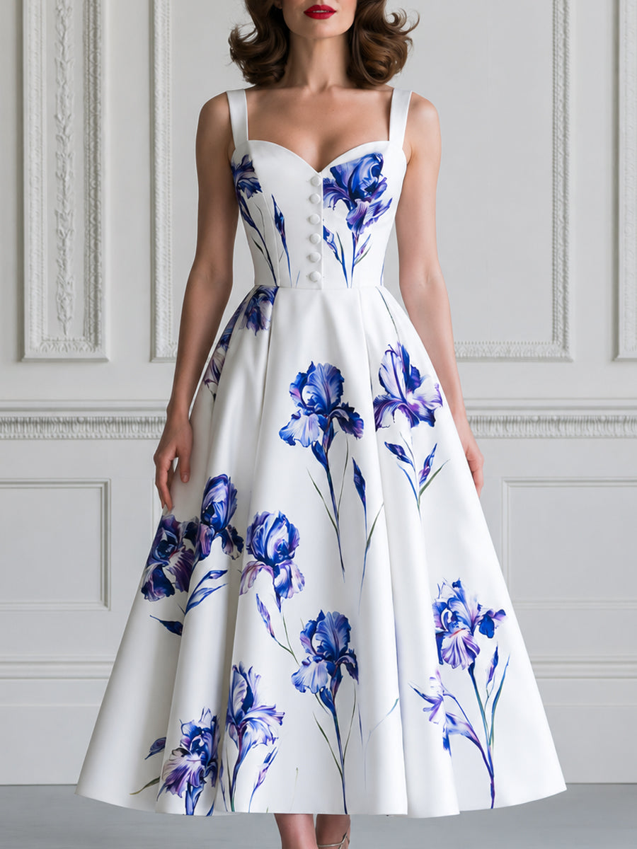 Elegant Sweetheart Neck Iris Print A-Line Midi Dress