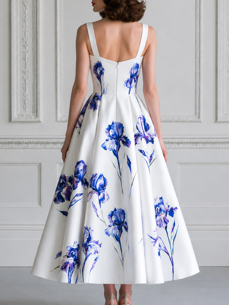 Elegant Sweetheart Neck Iris Print A-Line Midi Dress