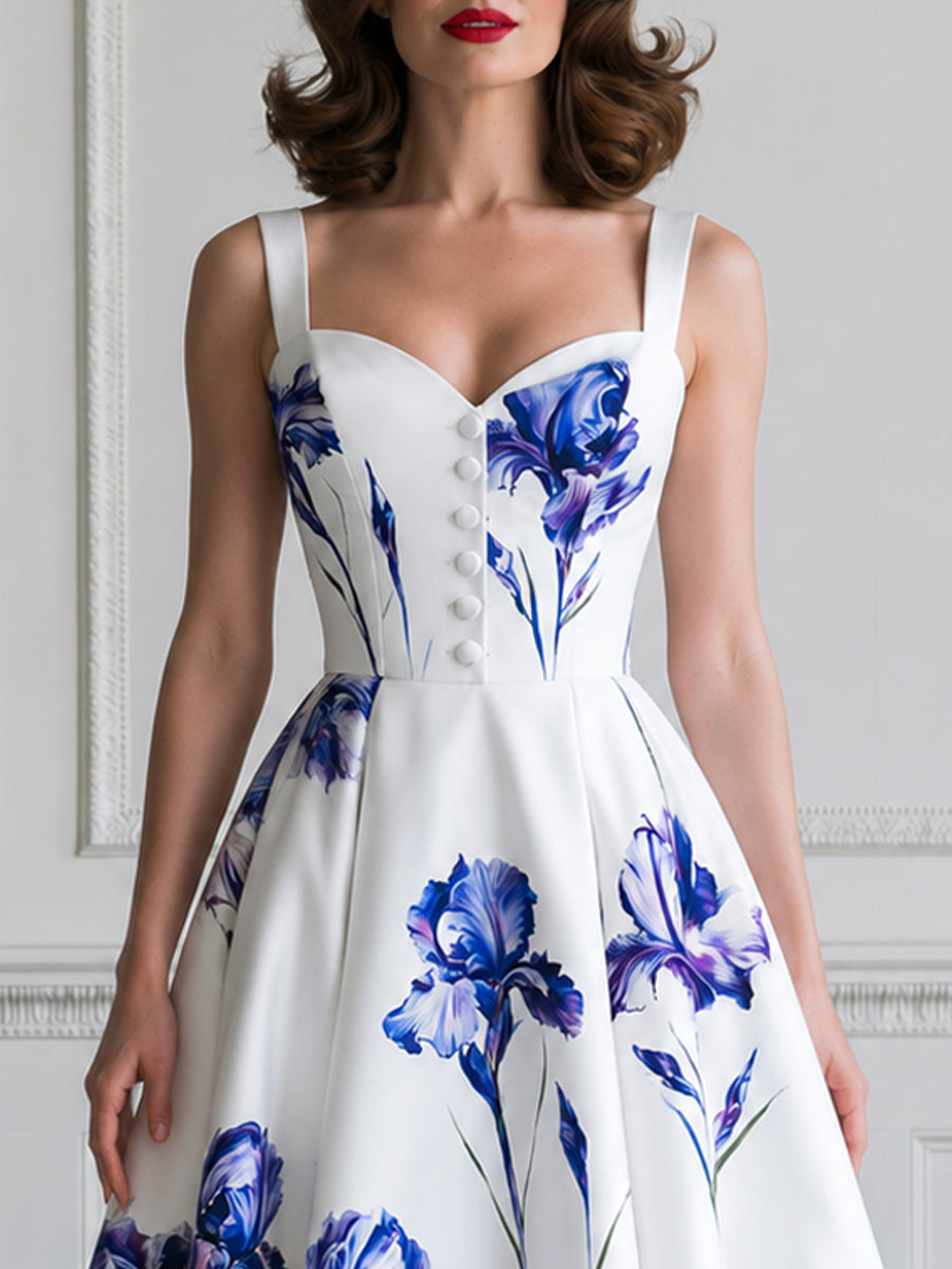Elegant Sweetheart Neck Iris Print A-Line Midi Dress