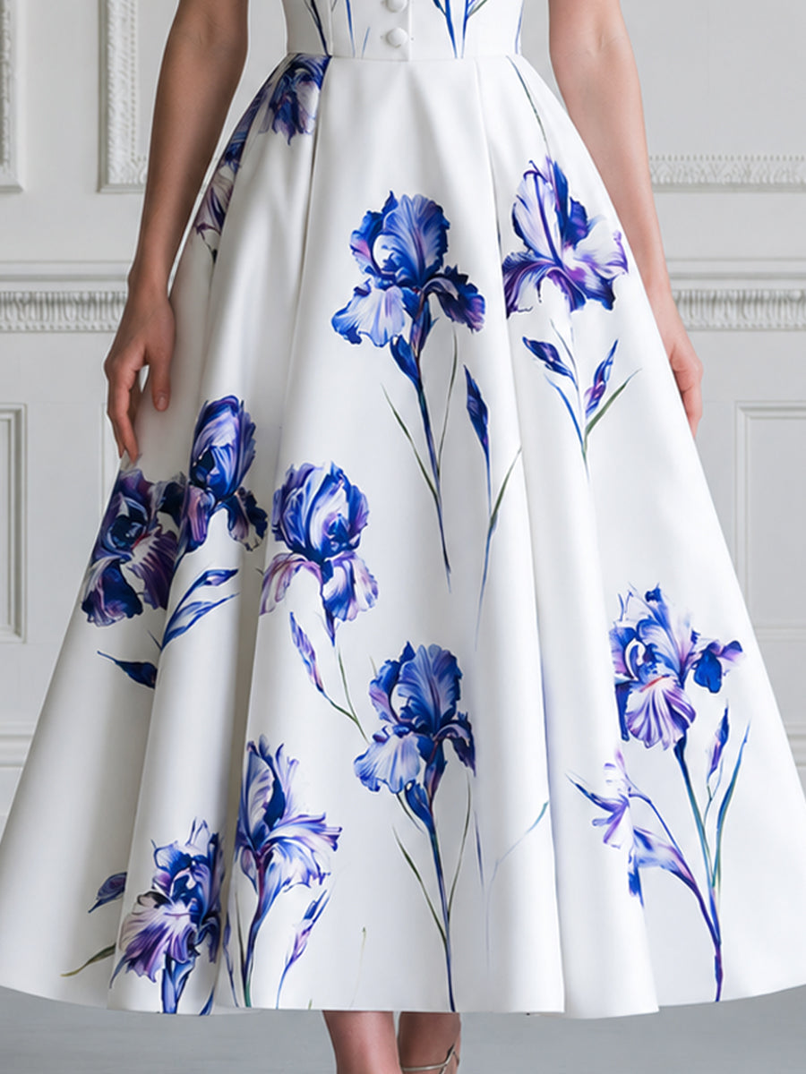 Elegant Sweetheart Neck Iris Print A-Line Midi Dress