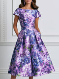 Lilac Hydrangea Print Satin Midi A-Line Dress