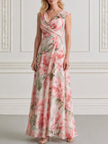Pink Peony Print Chiffon Cowl Neck Maxi Dress