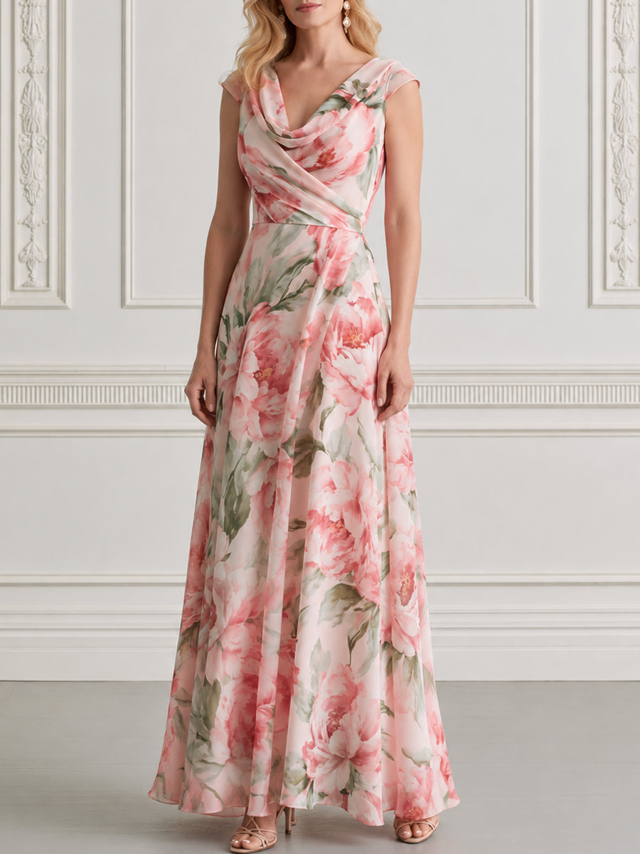 Pink Peony Print Chiffon Cowl Neck Maxi Dress