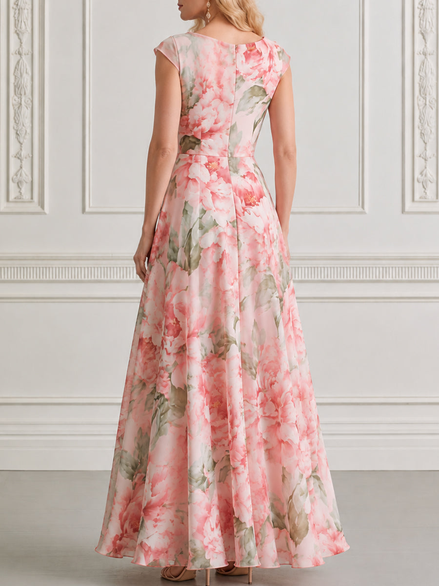 Pink Peony Print Chiffon Cowl Neck Maxi Dress