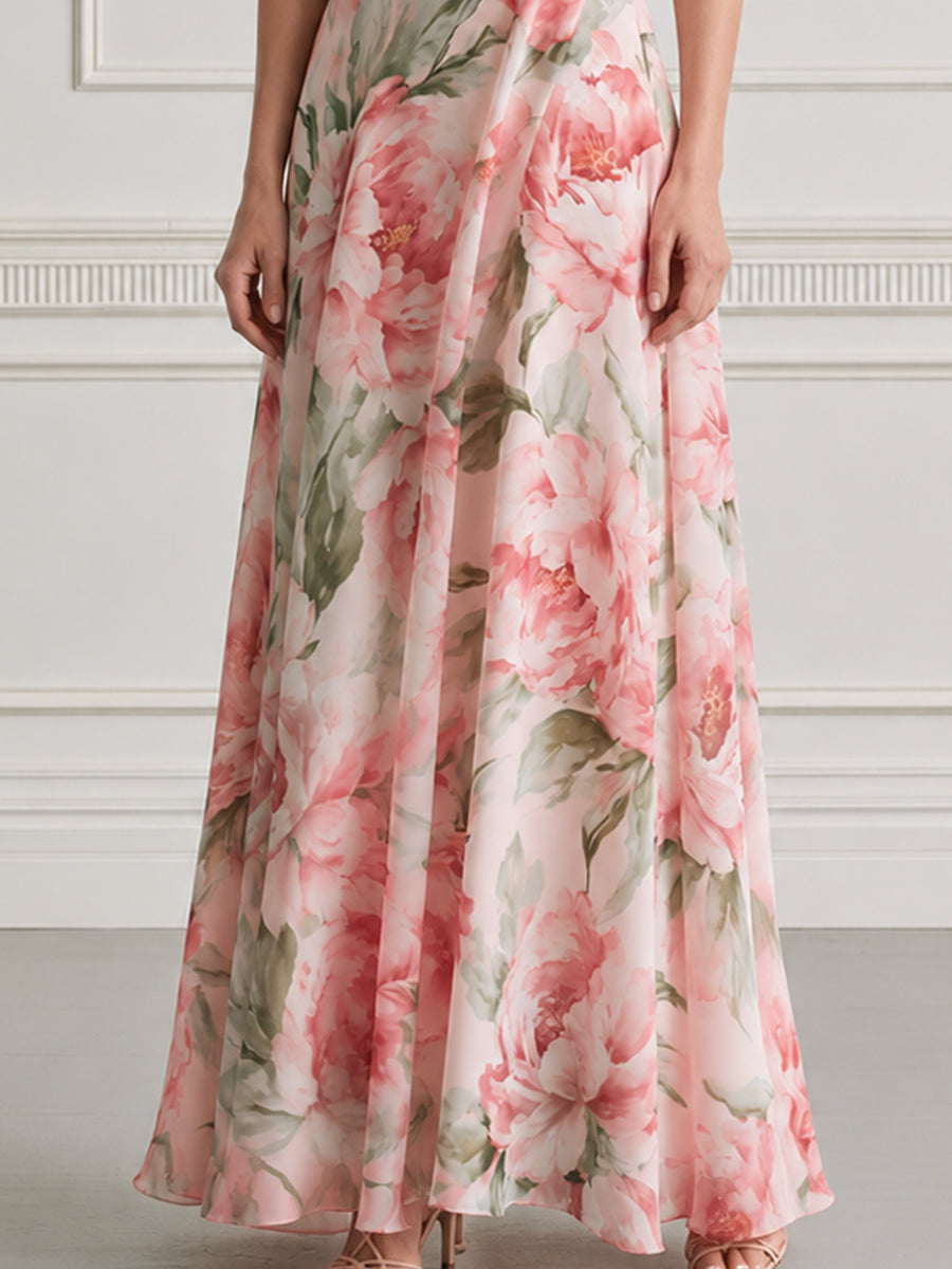 Pink Peony Print Chiffon Cowl Neck Maxi Dress