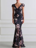 Dark Floral Print Wrap V-Neck Mesh Mermaid Maxi Gown