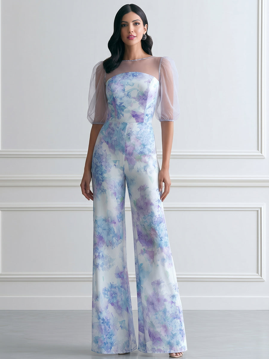 Hydrangea Print Sheer Puff Sleeve Satin Wide Leg Jumpsuit