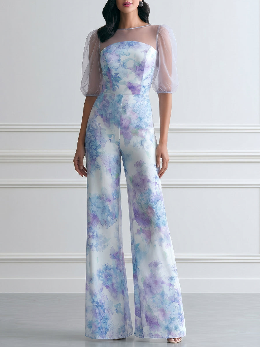 Hydrangea Print Sheer Puff Sleeve Satin Wide Leg Jumpsuit