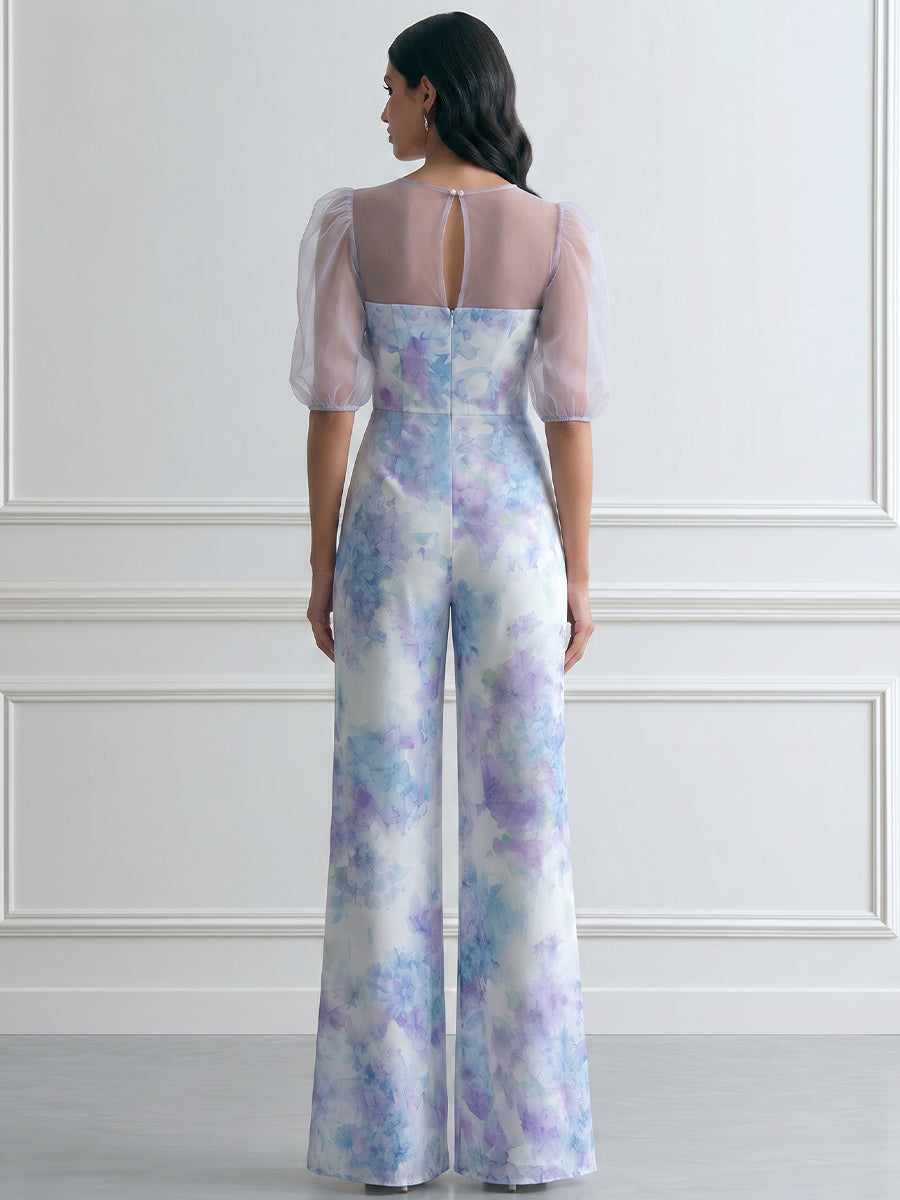 Hydrangea Print Sheer Puff Sleeve Satin Wide Leg Jumpsuit