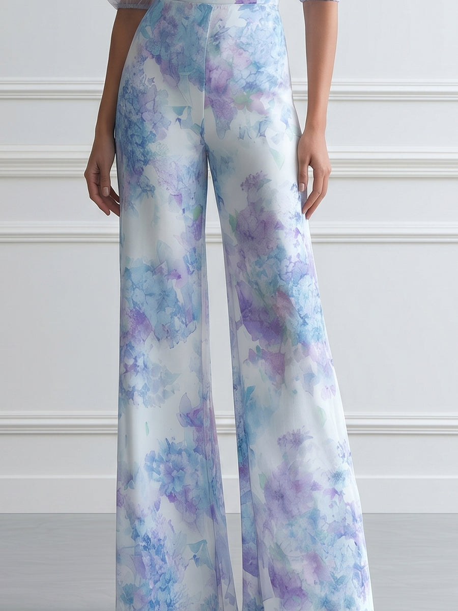 Hydrangea Print Sheer Puff Sleeve Satin Wide Leg Jumpsuit
