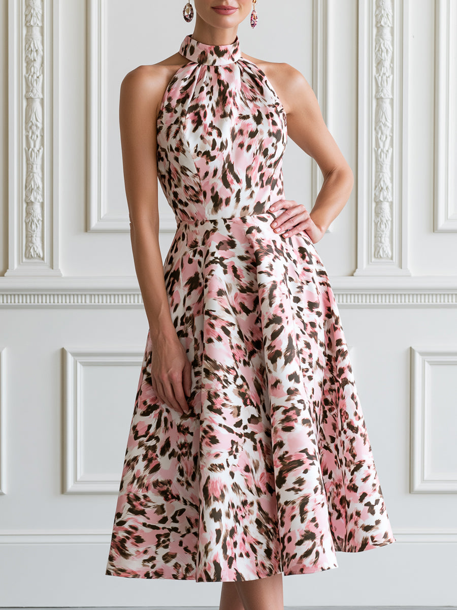 Pink Leopard Print Halter Sleeveless A-line Midi Dress