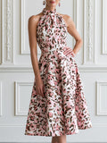 Pink Leopard Print Halter Sleeveless A-line Midi Dress