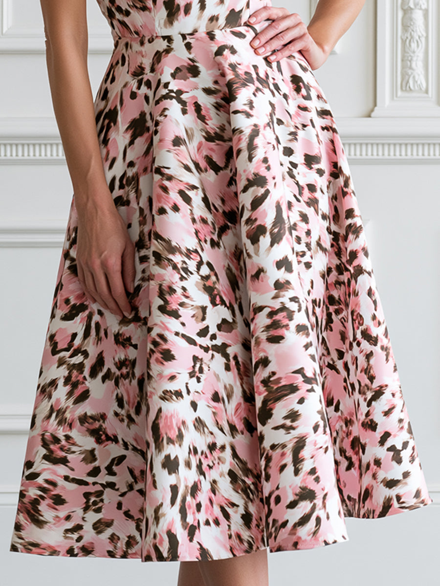 Pink Leopard Print Halter Sleeveless A-line Midi Dress