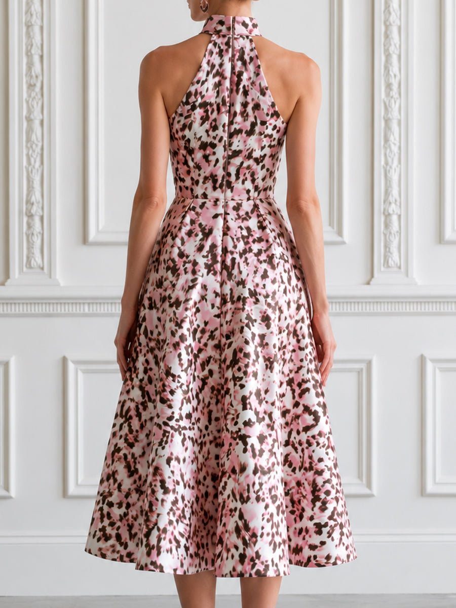 Pink Leopard Print Halter Sleeveless A-line Midi Dress