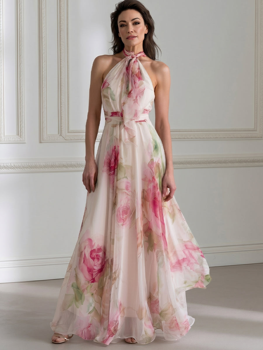 Watercolor Pink Rose Print Halter Tie Neck Chiffon Flowy Maxi Dress