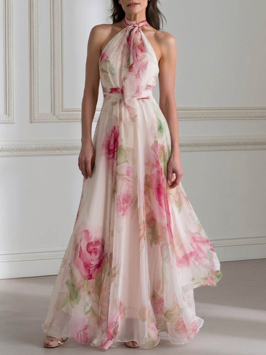 Watercolor Pink Rose Print Halter Tie Neck Chiffon Flowy Maxi Dress