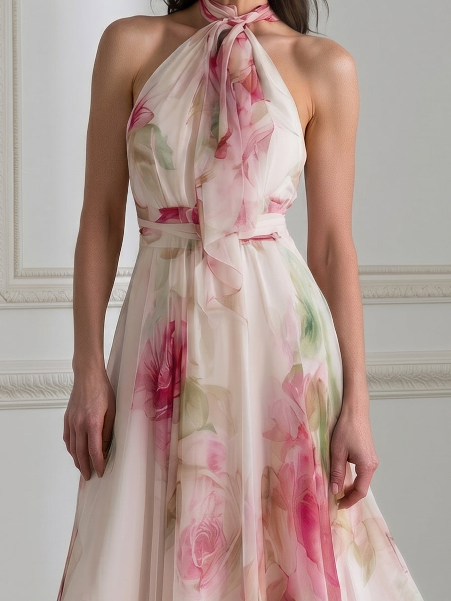 Watercolor Pink Rose Print Halter Tie Neck Chiffon Flowy Maxi Dress