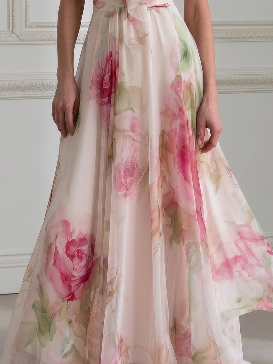 Watercolor Pink Rose Print Halter Tie Neck Chiffon Flowy Maxi Dress