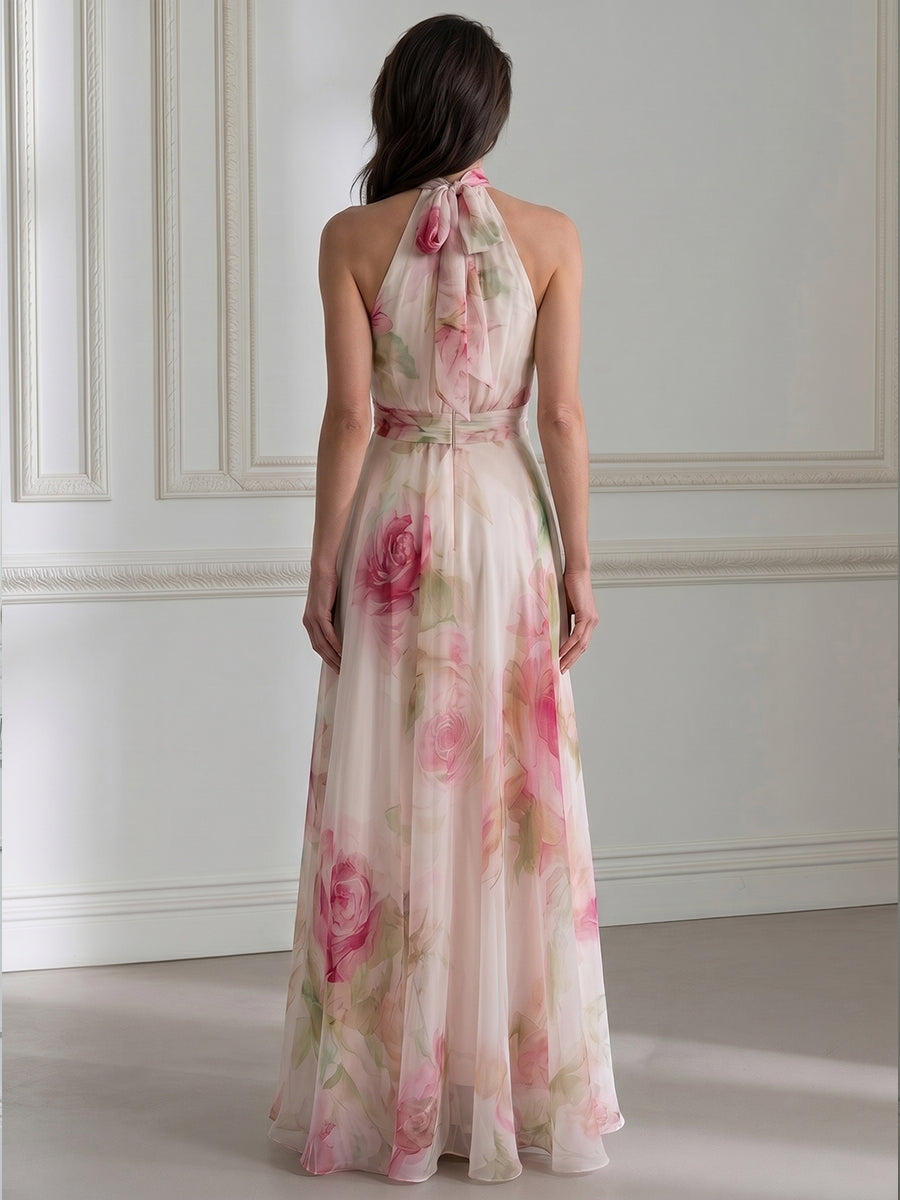 Watercolor Pink Rose Print Halter Tie Neck Chiffon Flowy Maxi Dress