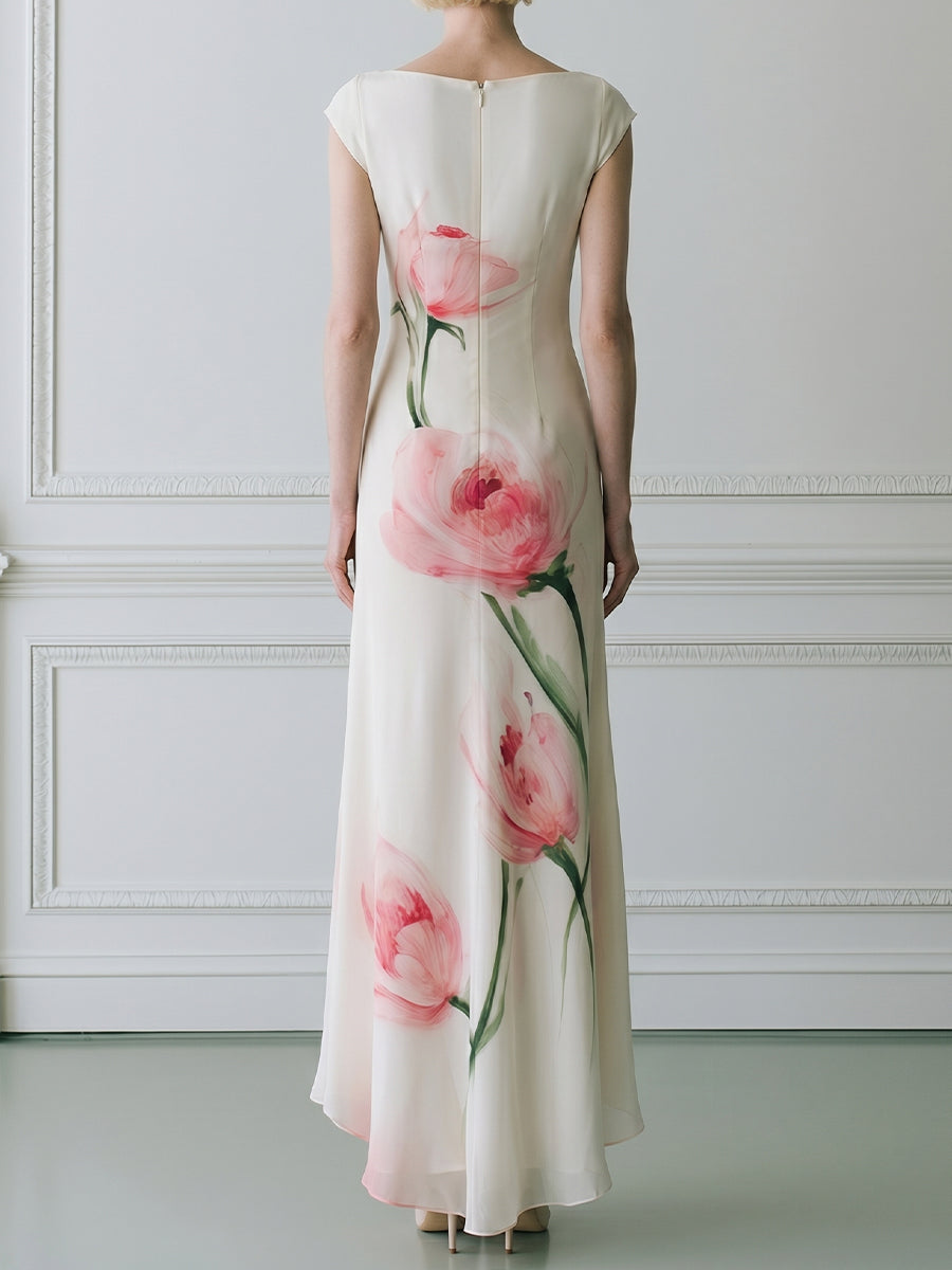 Watercolor Pink Poppy Print Cowl Neck Cap Sleeve Satin Maxi Dress