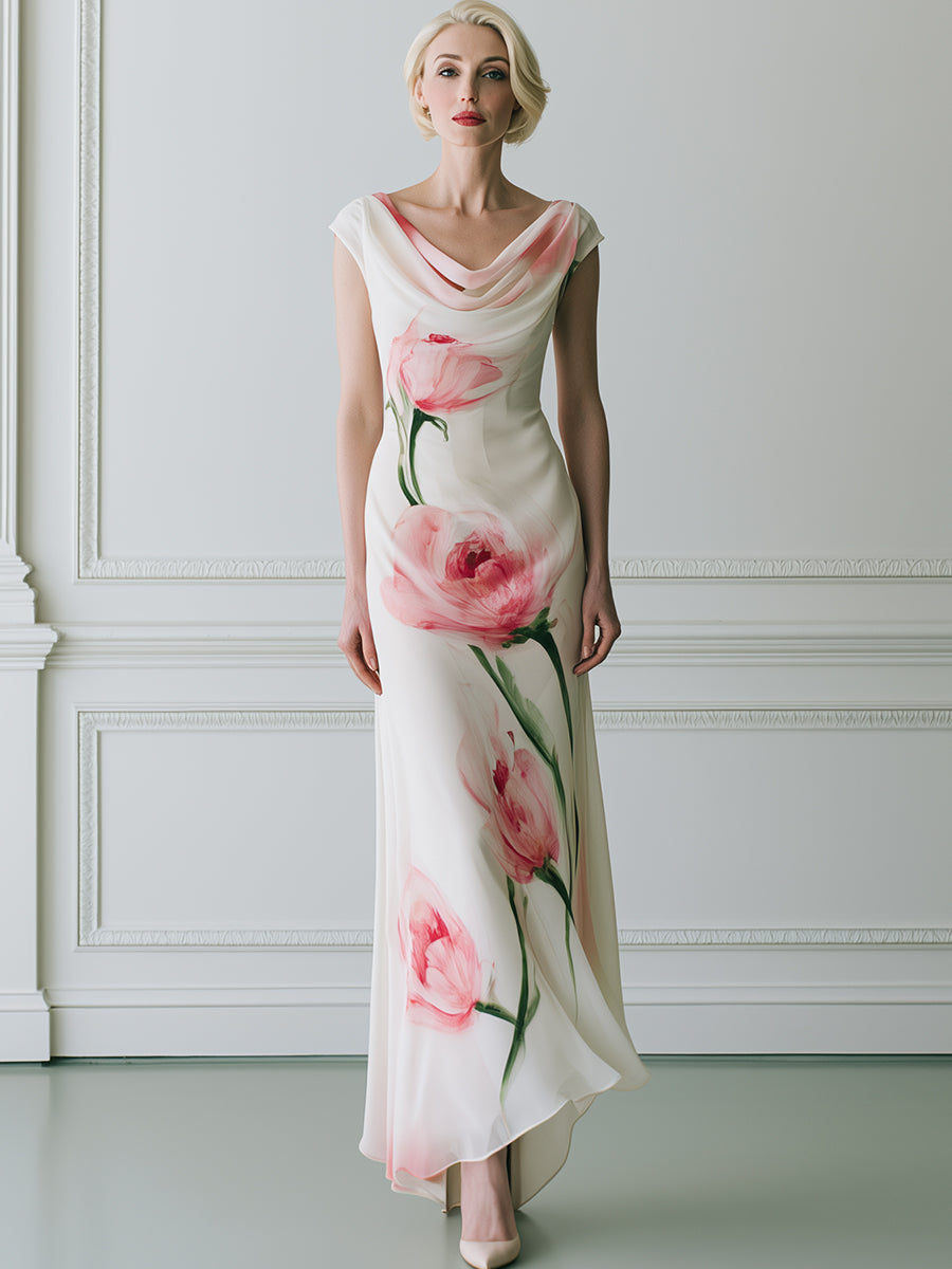Watercolor Pink Poppy Print Cowl Neck Cap Sleeve Satin Maxi Dress