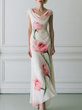 Watercolor Pink Poppy Print Cowl Neck Cap Sleeve Satin Maxi Dress