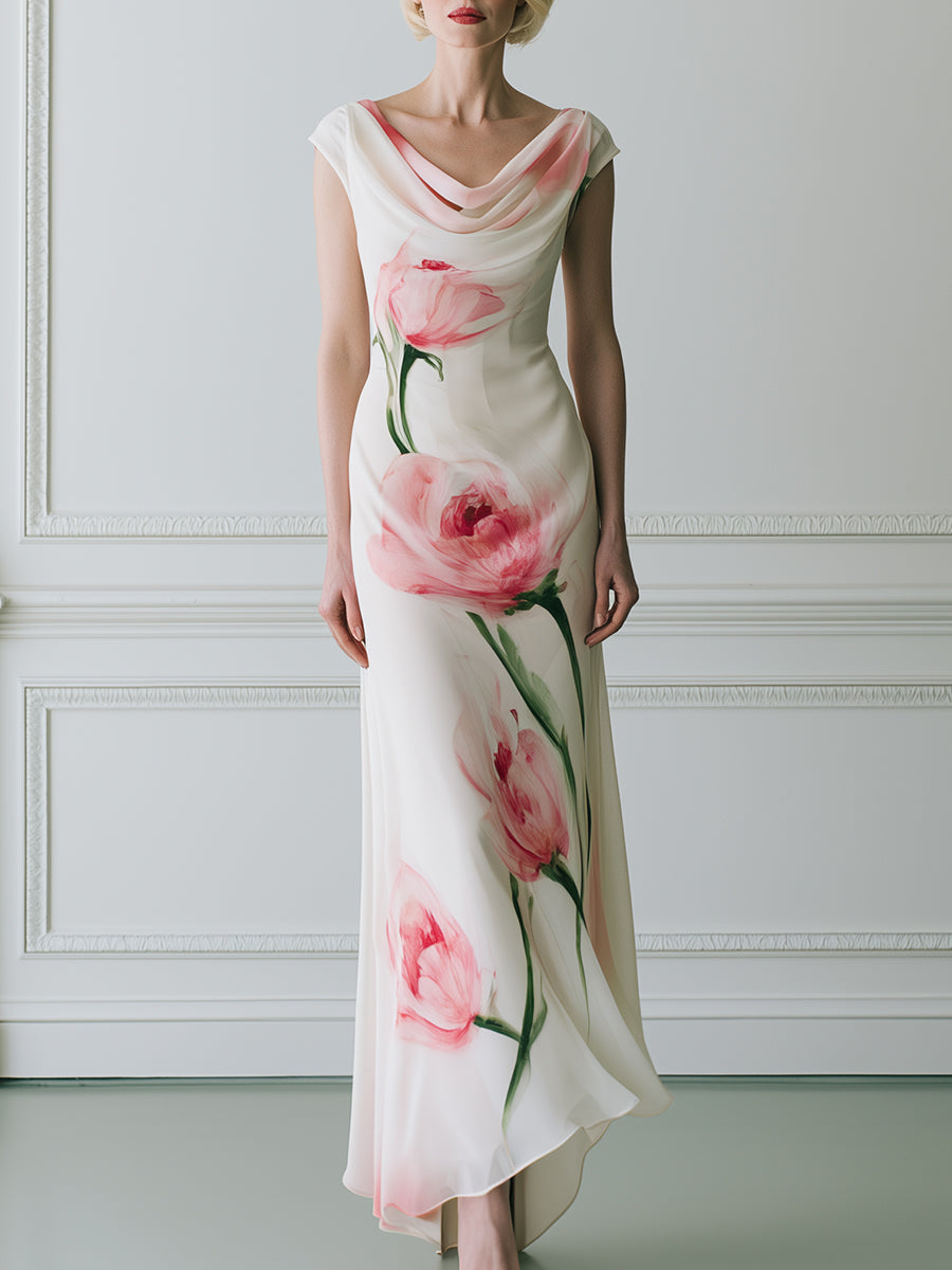 Watercolor Pink Poppy Print Cowl Neck Cap Sleeve Satin Maxi Dress